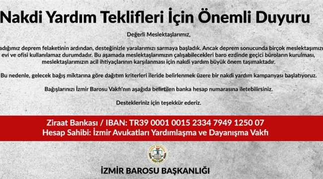 İzmir Barosu'ndan 'NAKTİ' yardım kampanyası