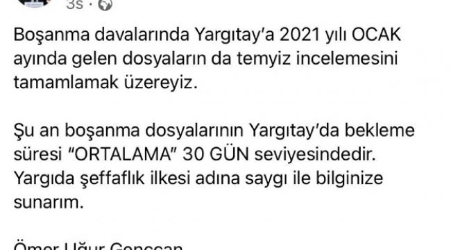 2. Hukuk Dairesi Başkanı paylaştı:' boşanma davaları 30 günde sonuçlandırılıyor!