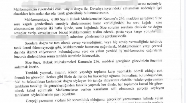 İş Mahkemesi'nden tanık soruları kurgu sanıldı