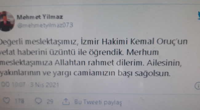 HSK Başkanvekili Mehmet Yılmaz acı haberi twitter hesabından duyurdu