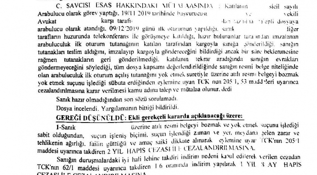 Emsal niteliğinde karar:'Arabulucuya evrakları iade etmeyen sanığa 1 yıl 8 ay hapis'