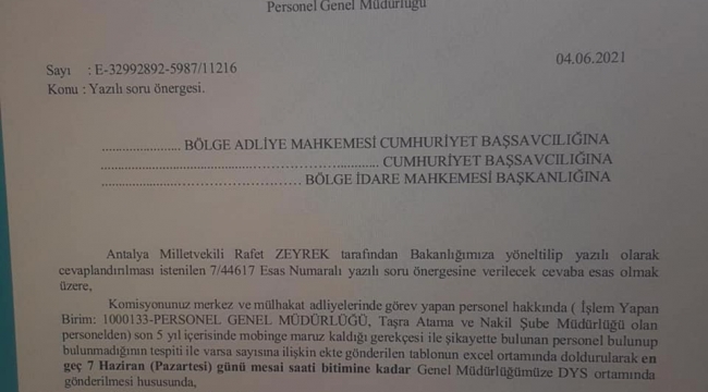 Adalet Bakanlığı 'ADLİYELERE' Mobbingi sordu
