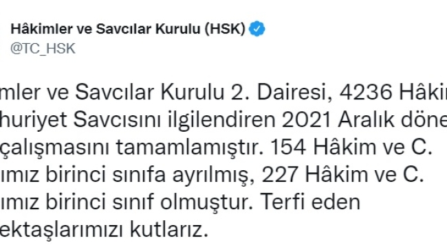 HSK 4 BİN BİN 236 HAKİM VE SAVCIYI İLGİLENDİREN TERFİ ÇALIŞMASINI TAMAMLADI