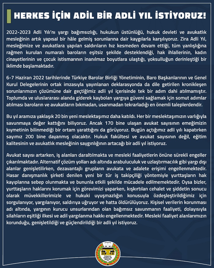 Barolardan yeni adli yıl mesajı: 'Kaygılarla karşılıyoruz!'