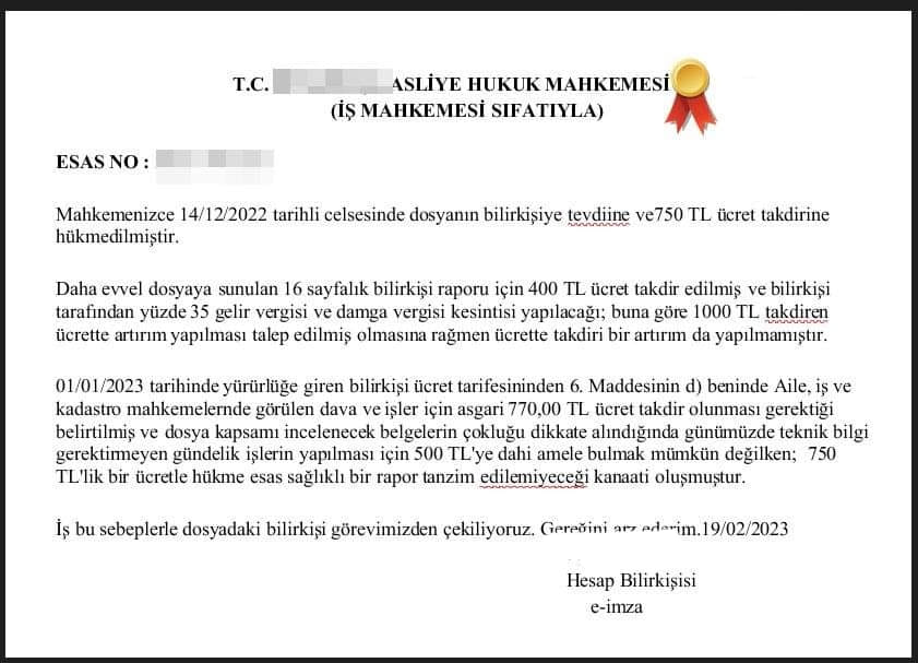 '500 TL.'YE AMELE BULMAK MÜMKÜN DEĞİL' DİYEN BİLİRKİŞİ DOSYAYI İADE ETTİ