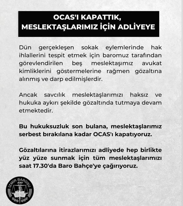 İZMİR BAROSUNDAN GÖZALTINDAKİ 5 AVUKAT İÇİN ÇAĞRI
