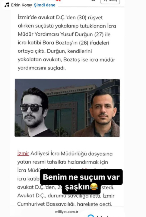 İCRA MÜDÜRÜ YARDIMCISI İLE KATİBİ RÜŞVET SUÇUNDAN TUTUKLATAN AVUKATIN 'BENİM NE SUÇUM VAR ŞAŞKIN' PAYLAŞIMI