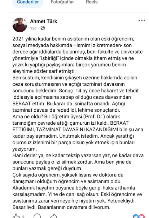 İZMİRLİ ÜNLÜ PROFESÖR AHMET TÜRK'TEN ASİSTANI İLE İLGİLİ DİKKAT ÇEKEN PAYLAŞIM